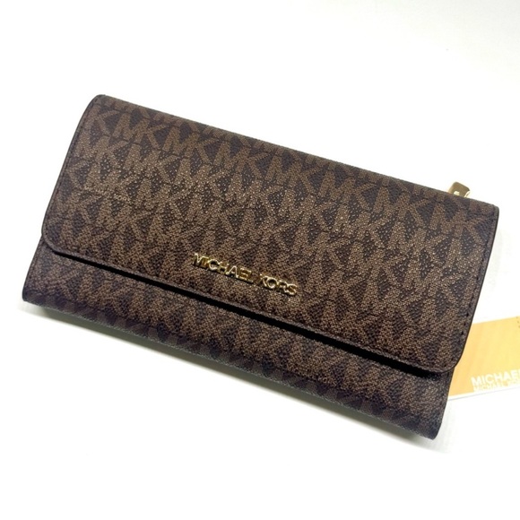 Michael Kors Large Jet Set Travel Trifold Wallet Brown Signature - Picture 1 of 8